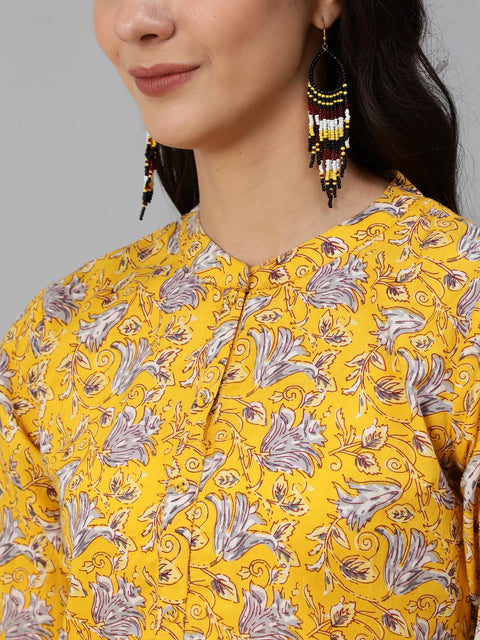 Women Yellow & Grey Floral Printed Straight Kurta Set With Plazo & Dupatta