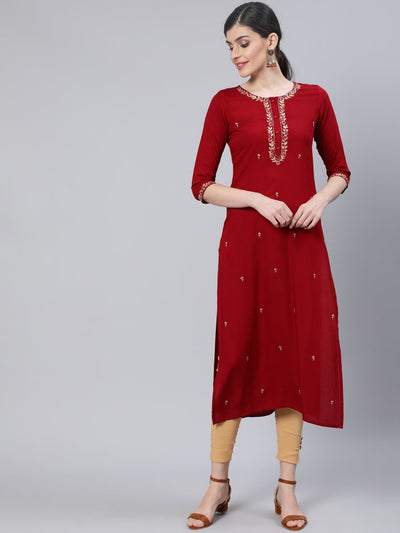 Women Maroon Embroidered Straight Kurta with Three Quarter Sleeves