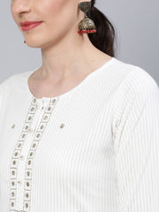 Women Off White Embroidered Straight Kurta with Three Quarter Sleeves