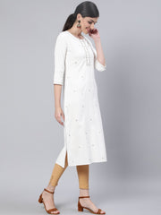 Women Off White Embroidered Straight Kurta with Three Quarter Sleeves