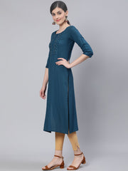 Women Teal Blue Embroidered Straight Kurta with Three Quarter Sleeves