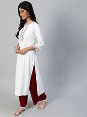 Women Off White Embroidered Straight Kurta With Three Quarter Sleeves
