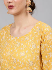 Women Yellow Printed Anarkali Kurta With Plazo & Dupatta
