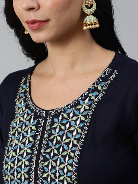 Women Navy Blue Embroidered With Plazo & Printed Dupatta