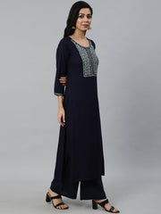 Women Navy Blue Embroidered With Plazo & Printed Dupatta