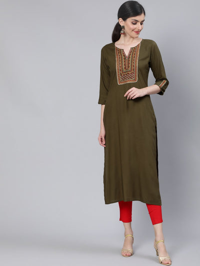 Women Olive Green Embroidered Straight Kurta with Three Quarter Sleeves