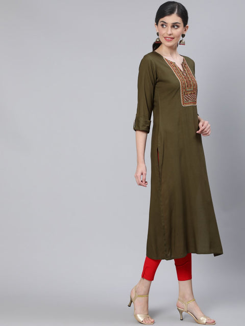 Women Olive Green Embroidered Straight Kurta with Three Quarter Sleeves