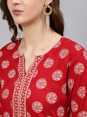Women Red & Gold Printed  Straight Kurta With Half Sleeves