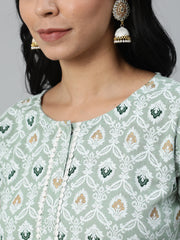 Women Green Printed Straight Kurta With Plazo & Dupatta
