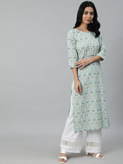 Women Green Printed Straight Kurta With Plazo & Dupatta