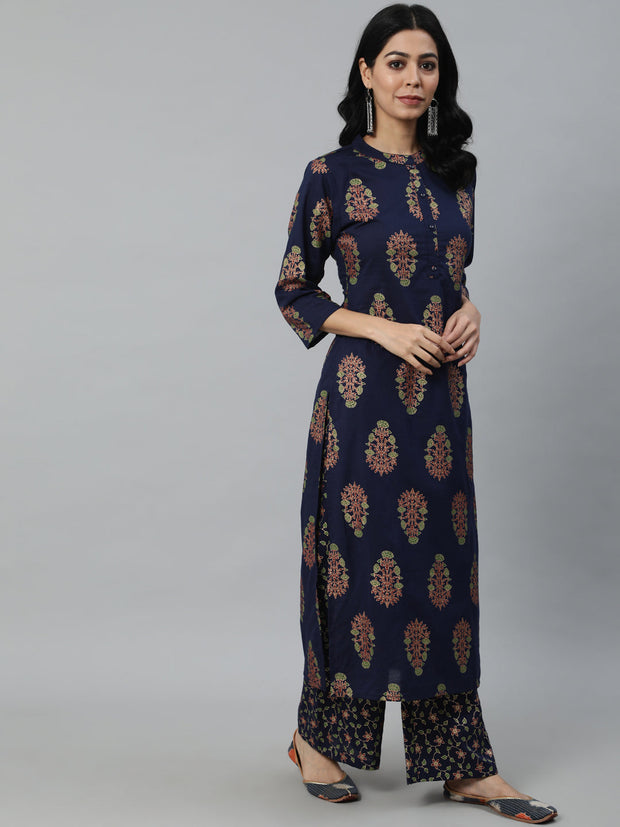 Women Blue & Gold Printed Straight Kurta With Plazo & Dupatta