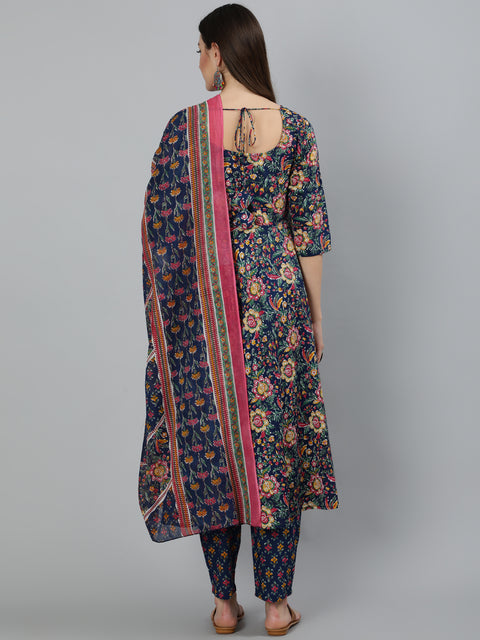 Women Blue Floral Printed Pure Cotton Kurta With Trouser And Dupatta