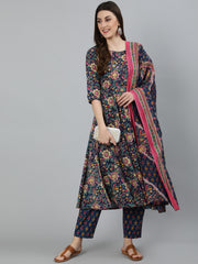 Women Blue Floral Printed Pure Cotton Kurta With Trouser And Dupatta