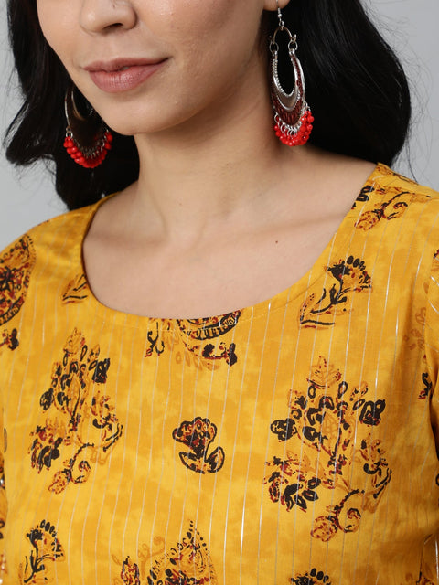 Women Mustard Yellow Ethnic Motifs Printed Layered Pure Cotton Kurta With Plazzos & Dupatta