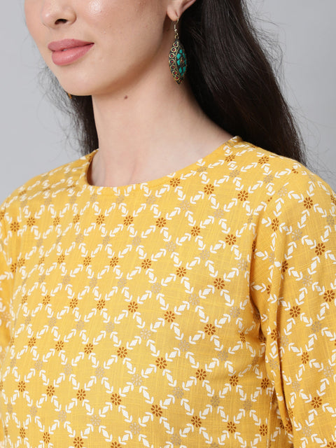 Women Yellow Printed Flared Kurta With Trouser & Dupatta