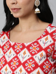 Women Red Printed Straight Kurta With Plazo & Dupatta
