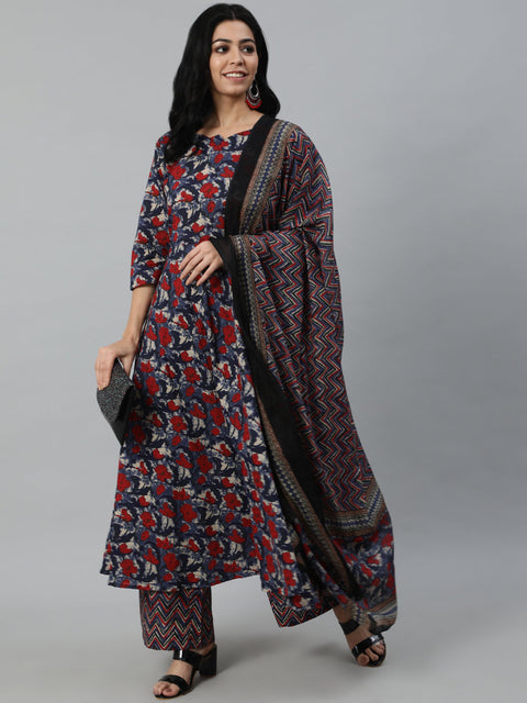 Women Multi Floral Printed Flared Kurta with Palazzo Dupatta