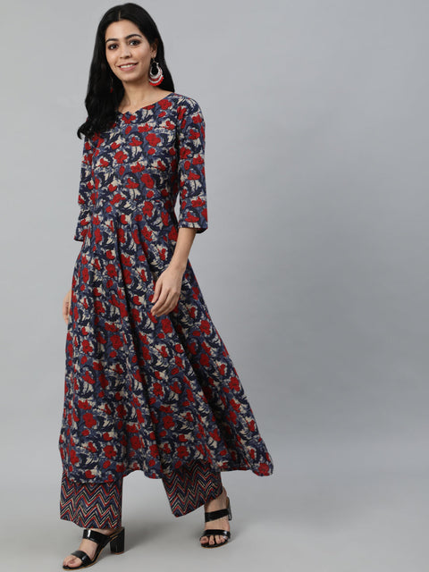 Women Multi Floral Printed Flared Kurta with Palazzo Dupatta