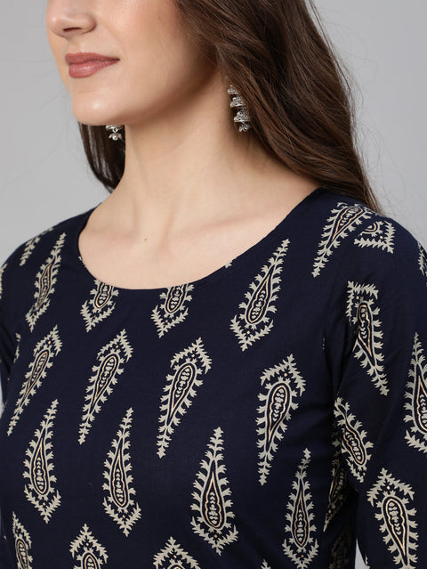 Women Navy Blue & Gold Printed Straight Kurta With Plazo & Dupatta