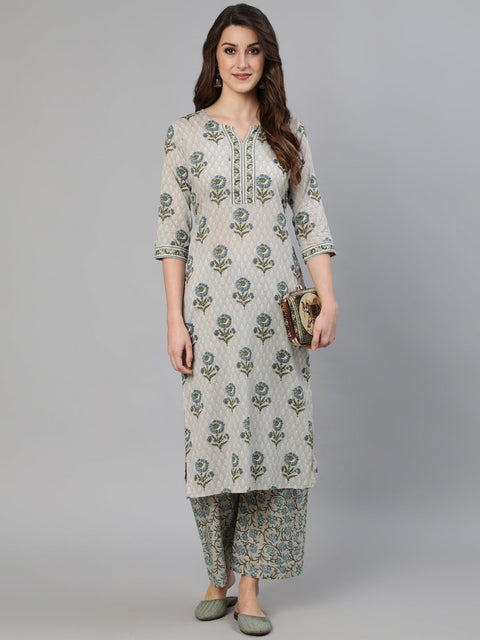 Women Grey Floral Printed  Straight Kurta With One Side Pocket