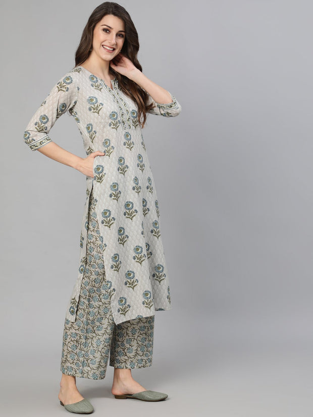 Women Grey Floral Printed  Straight Kurta With One Side Pocket