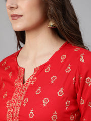 Women Red Gold Ethnic Printed Kurta With Palazzo And Sequence Dupatta