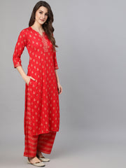 Women Red Gold Ethnic Printed Kurta With Palazzo And Sequence Dupatta