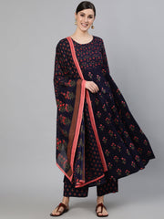 Women Navy Blue Printed Flared Kurta With trouser And Dupatta