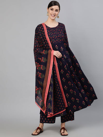 Women Navy Blue Printed Flared Kurta With trouser And Dupatta