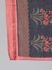 Women Navy Blue Printed Flared Kurta With trouser And Dupatta