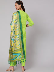 Women Green Solid Straight Kurta With Palazzo And Dupatta