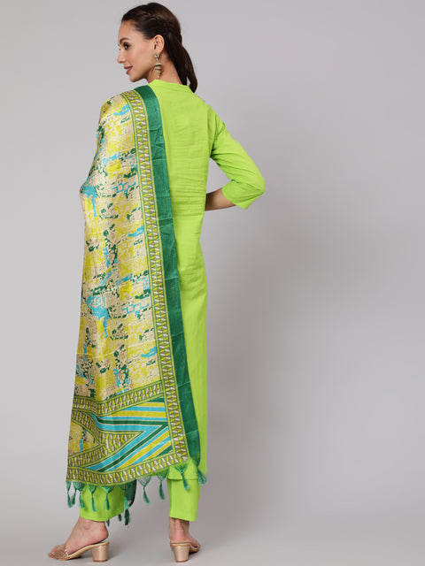 Women Green Solid Straight Kurta With Palazzo And Dupatta