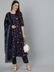 Women Navy Blue & Pink Floral Printed Flared kurta And Trouser With Dupatta