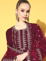 Women Burgundy Embroidered Straight Kurta With Plazo & Dupatta