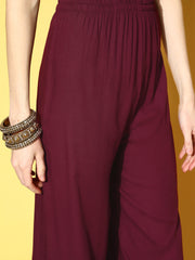 Women Burgundy Embroidered Straight Kurta With Plazo & Dupatta