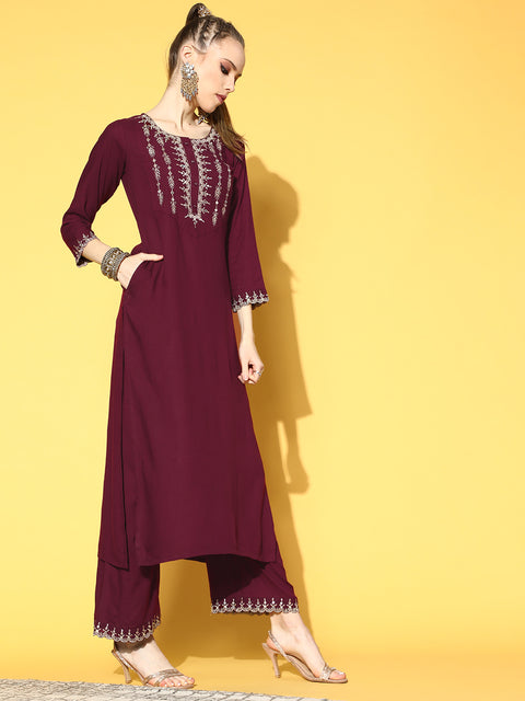 Women Burgundy Embroidered Straight Kurta With Plazo & Dupatta