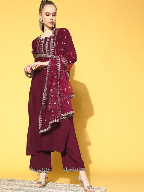 Women Burgundy Embroidered Straight Kurta With Plazo & Dupatta