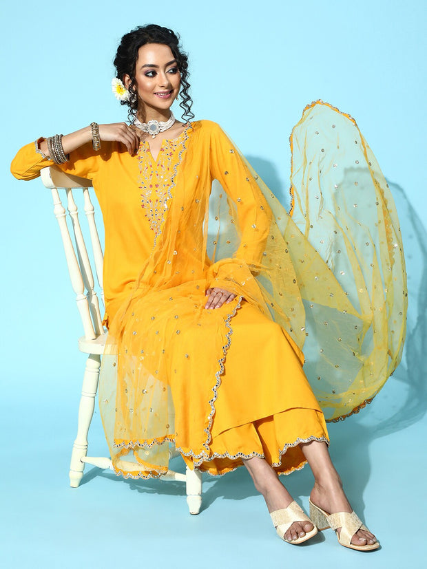 Women Yellow Embroidered Straight Kurta With Plazo & Dupatta