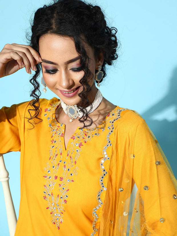 Women Yellow Embroidered Straight Kurta With Plazo & Dupatta