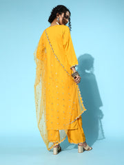 Women Yellow Embroidered Straight Kurta With Plazo & Dupatta