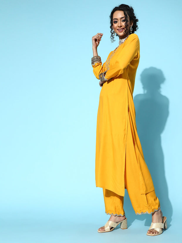 Women Yellow Embroidered Straight Kurta With Plazo & Dupatta