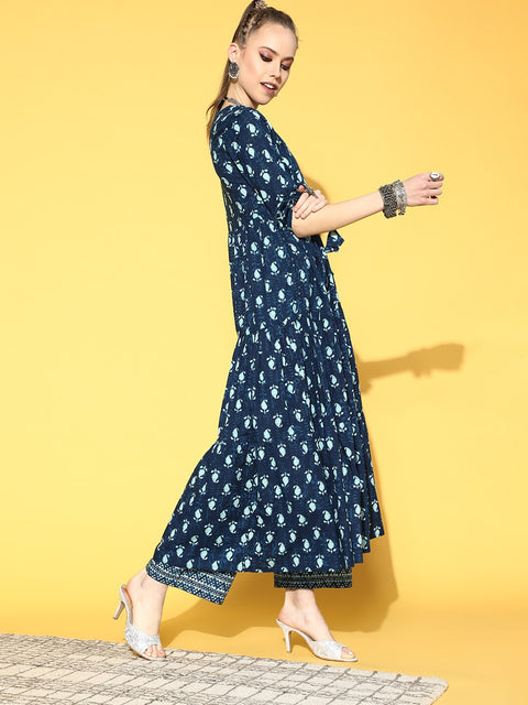 Women Blue Tiered Kurta With Plazo & Dupatta