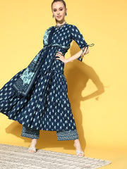 Women Blue Tiered Kurta With Plazo & Dupatta