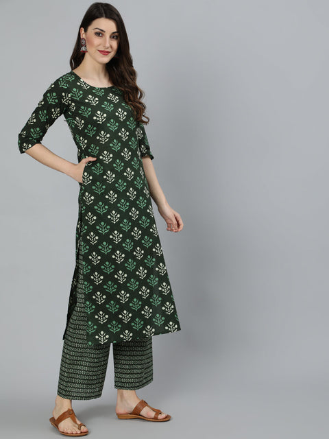 Women Green Ethnic Printed Straight Kurta With Three Quarter Sleeves