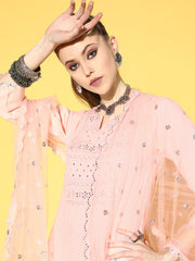 Women Pink Sequinned Kurta with Palazzos & With Dupatta