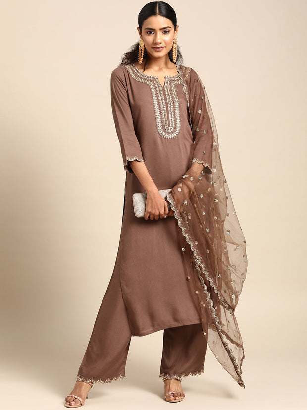 Women Taupe Embroidered Kurta With Plazo & Dupatta