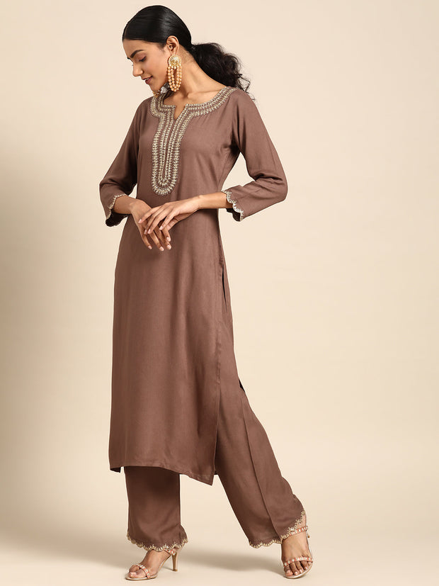 Women Taupe Embroidered Kurta With Plazo & Dupatta