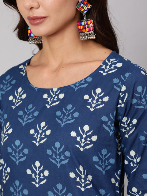Women Navy Blue Ethnic Printed Straight Kurta With Palazzo And Dupatta