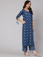 Women Navy Blue Ethnic Printed Straight Kurta With Palazzo And Dupatta