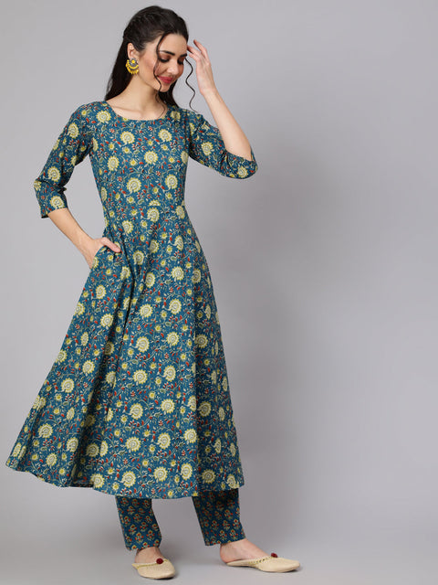 Women Green Floral Printed Flared Kurta With Trouser And Dupatta